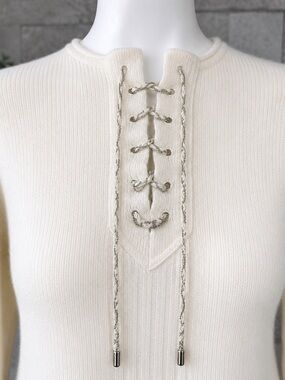St. John Ivory Cashmere Silk Lace-Up Metallic Trim Sweater S